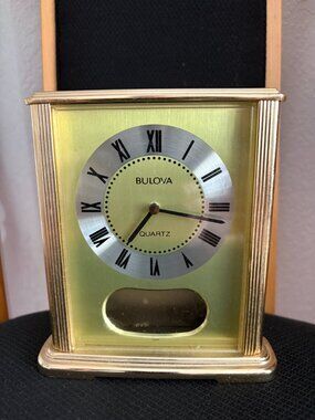 Vintage Bulova Brass Mantel Desk Clock | Hollywood Regency Home Decor